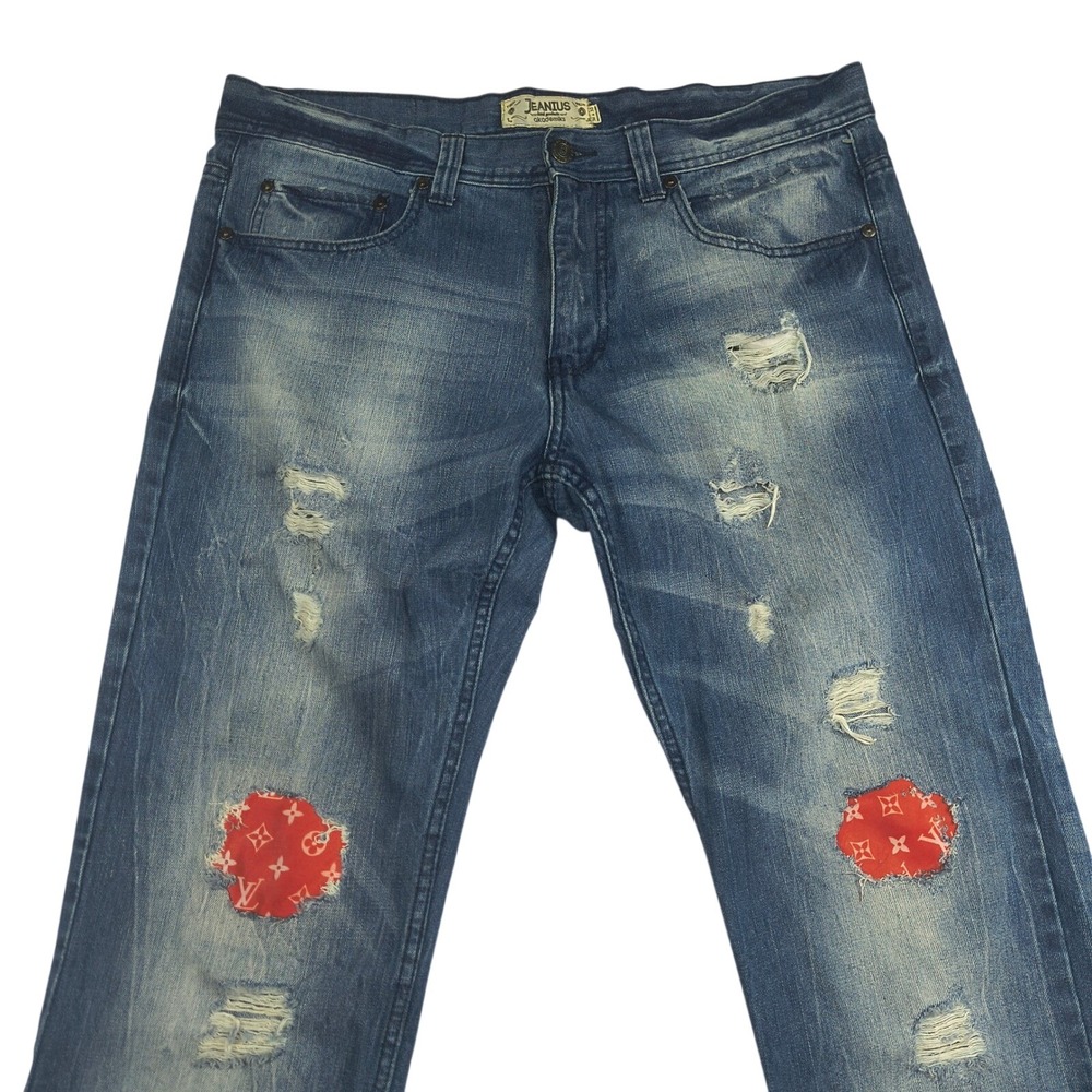 Jeanius by Akademiks Mens Distressed Custom Patch Jeans Blue Size 36x32